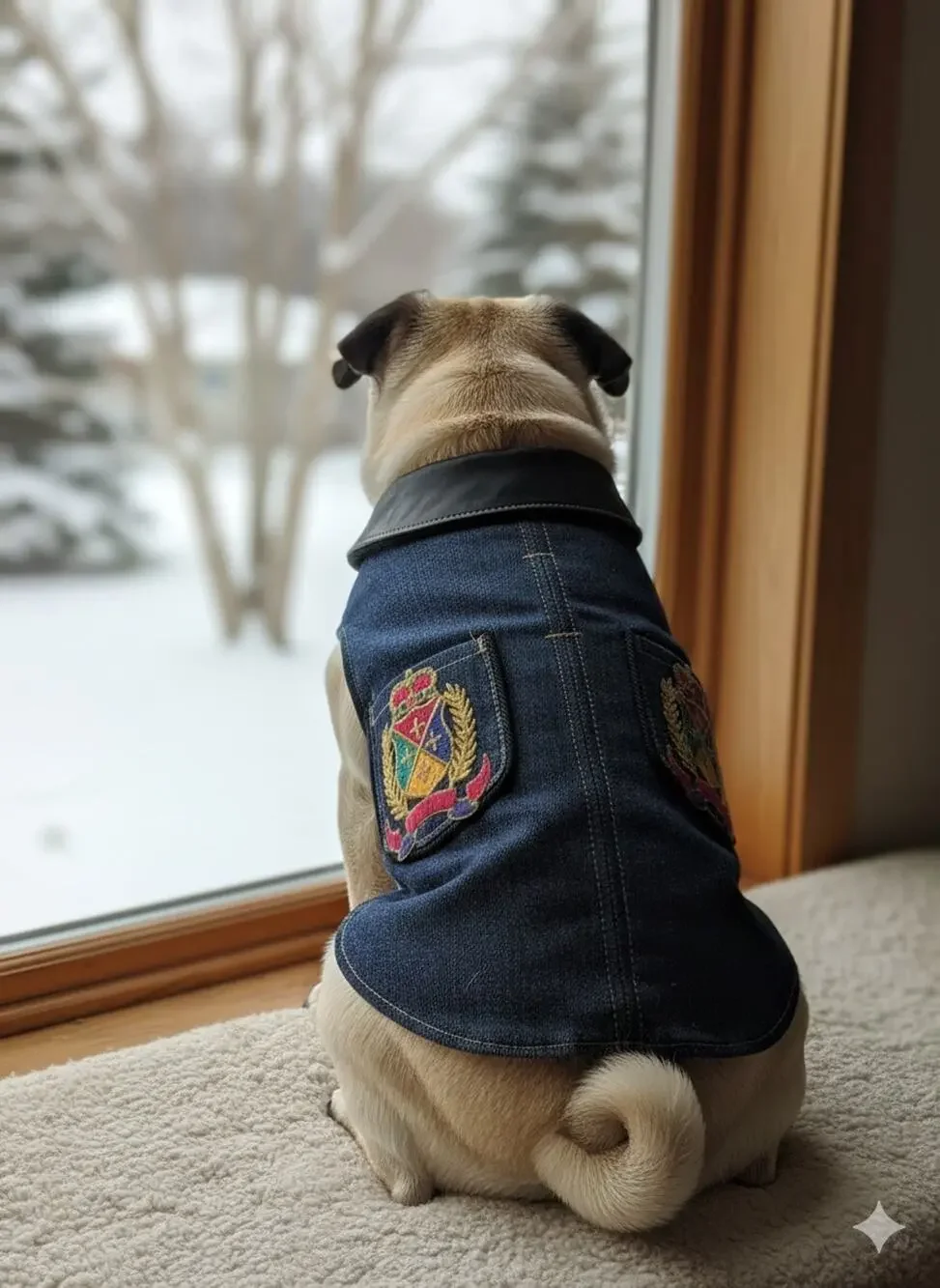 Animal Wrappers Dog Coat Size 10 Denim Crest Pockets Black Fleece Lined Made In